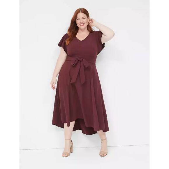 Lane Bryant Lena Dress Plus 20 V-Neck High Low Midi Short Flutter Sleeve Wine - Picture 1 of 10
